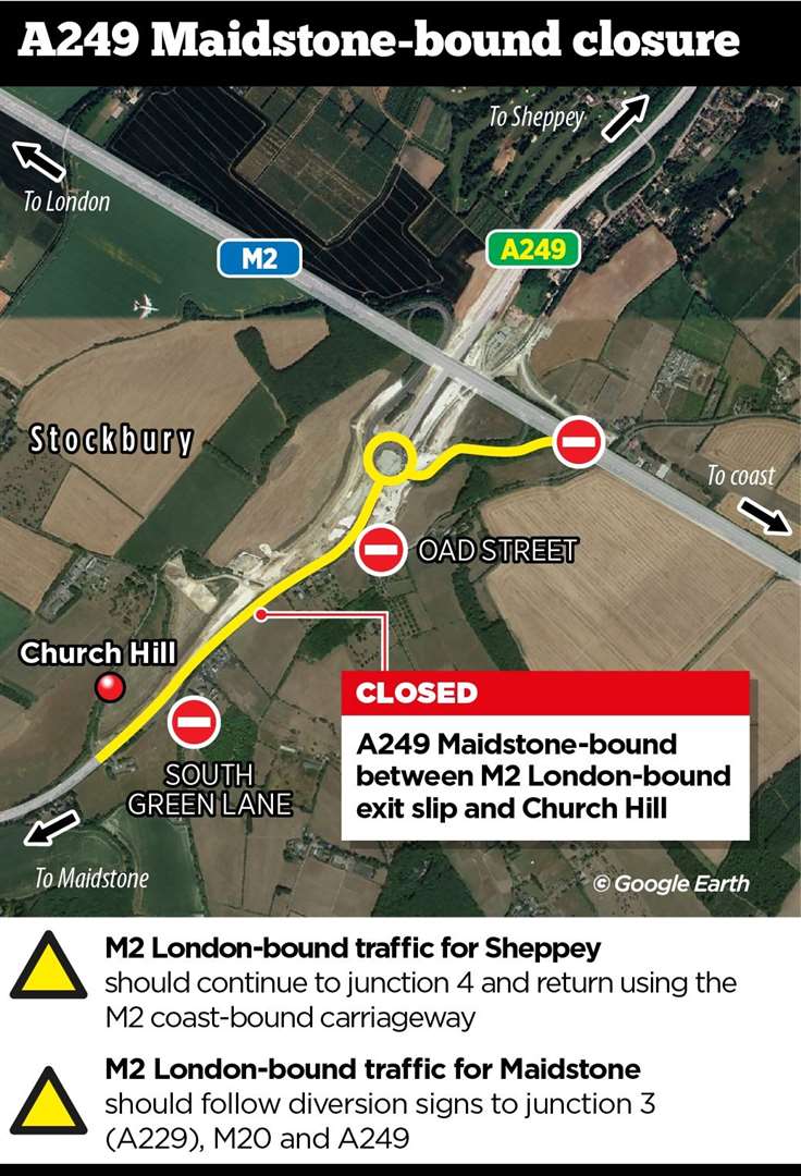 A249 Maidstone bound closed from Stockbury roundabout to Church