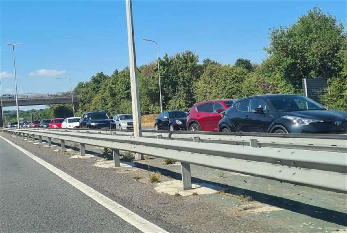 Traffic queues on sinking A299 Thanet Way as lane shut off for