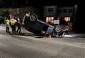 Car overturns and another crashes into barriers near pub on same night