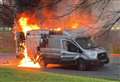 Van engulfed by flames near busy roundabout