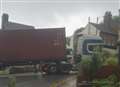 Lorry blocks narrow village road