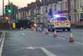 Road closed after cars crash into wall