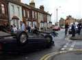 Car on roof after pile-up