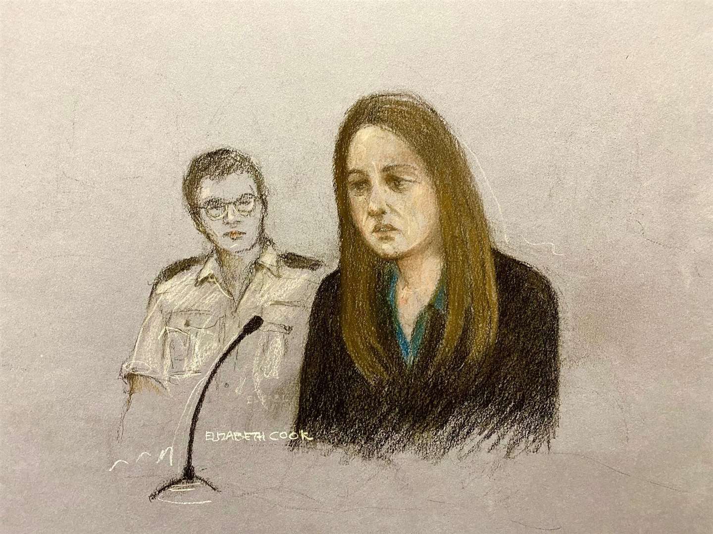 Court artist sketch of Lucy Letby giving evidence at Manchester Crown Court (Elizabeth Cook/PA)