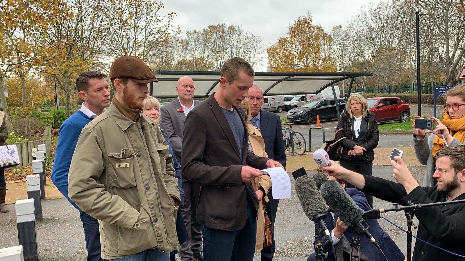 Jack (left) and Lewis Burdett speaking outside court following Ben Lacomba's sentencing