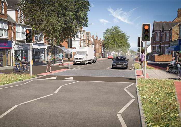 How the now scrapped cycle lanes from Cheriton to Folkestone could have looked – the scheme was rejected in January 2022. Picture: KCC