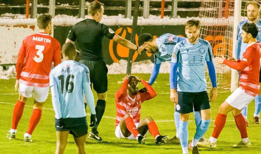 The night's big talking point as Ebbsfleet's Omari Sterling-James is booked for diving instead of winning a penalty against Eastbourne. Picture: Ed Miller/EUFC