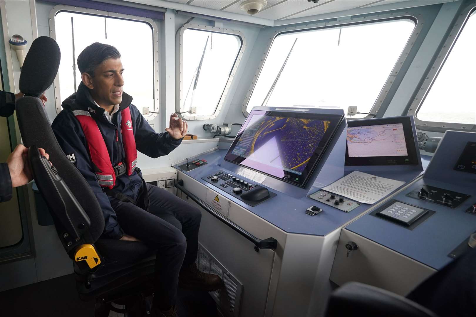 Prime Minister Rishi Sunak on board Border Agency cutter HMC Seeker during a visit to Dover (Yui Mok/PA)