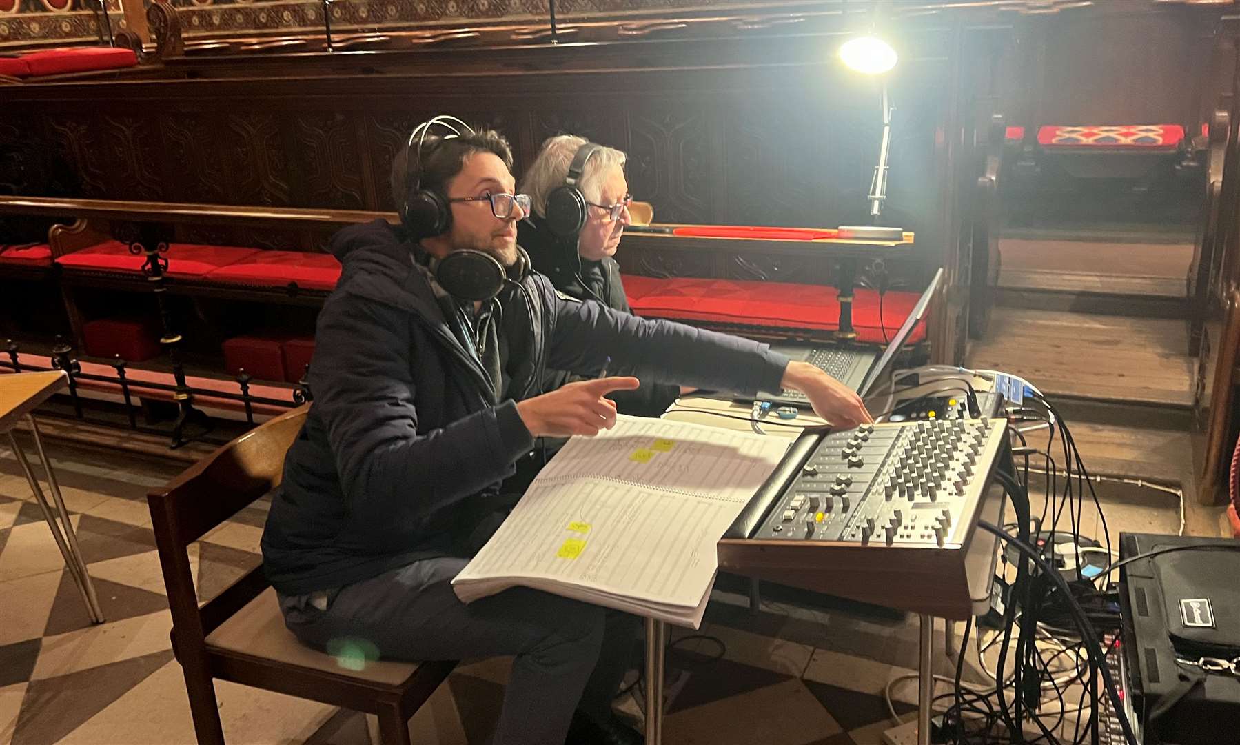 Thomas Hewitt Jones, left, during the recording for the Medway Hymn at Rochester Cathedral