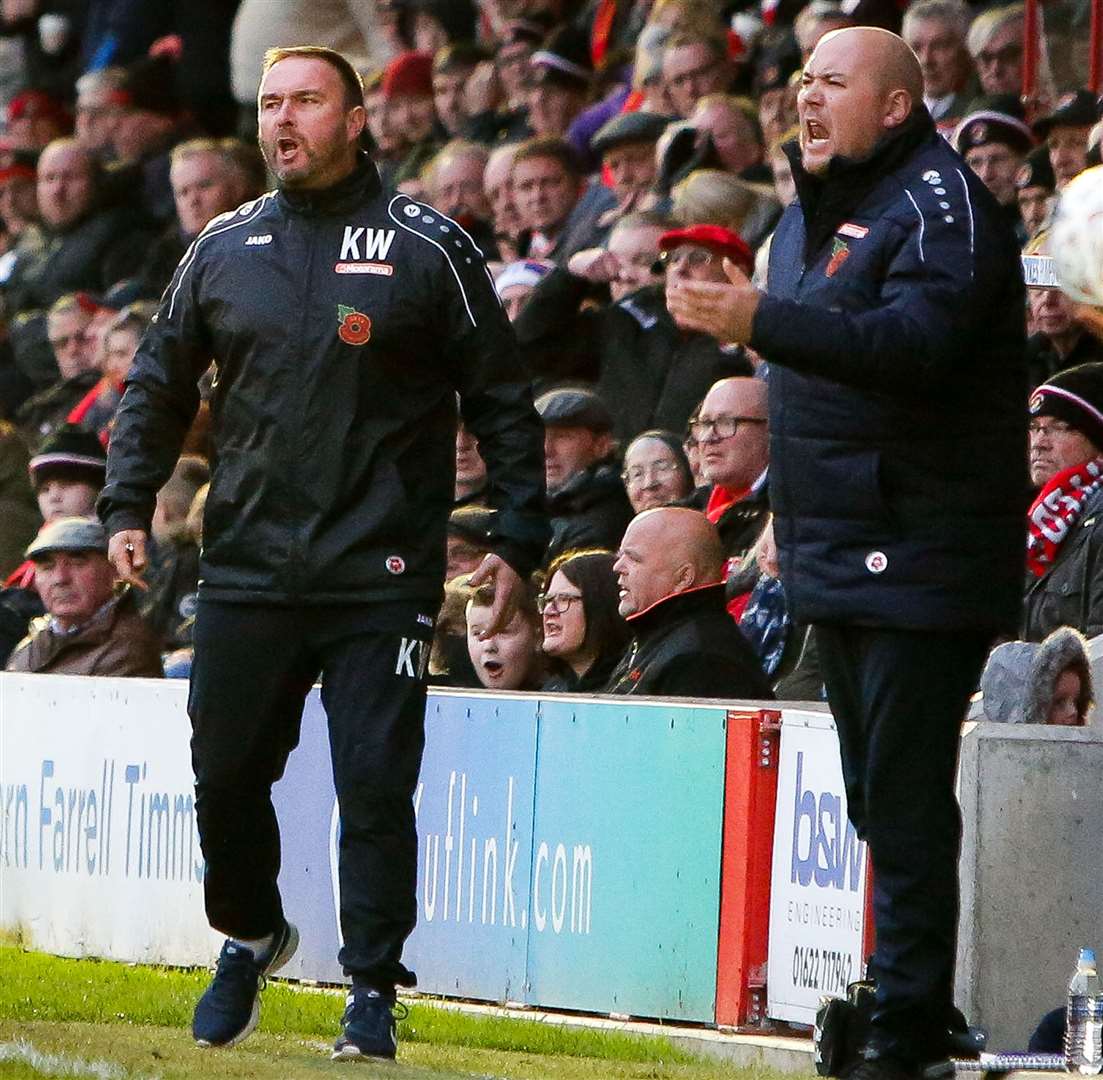 Ebbsfleet manager Kevin Watson and assistant Tristan Lewis will be willing their team to make it three away wins in a row this weekend Picture: Matthew Walker