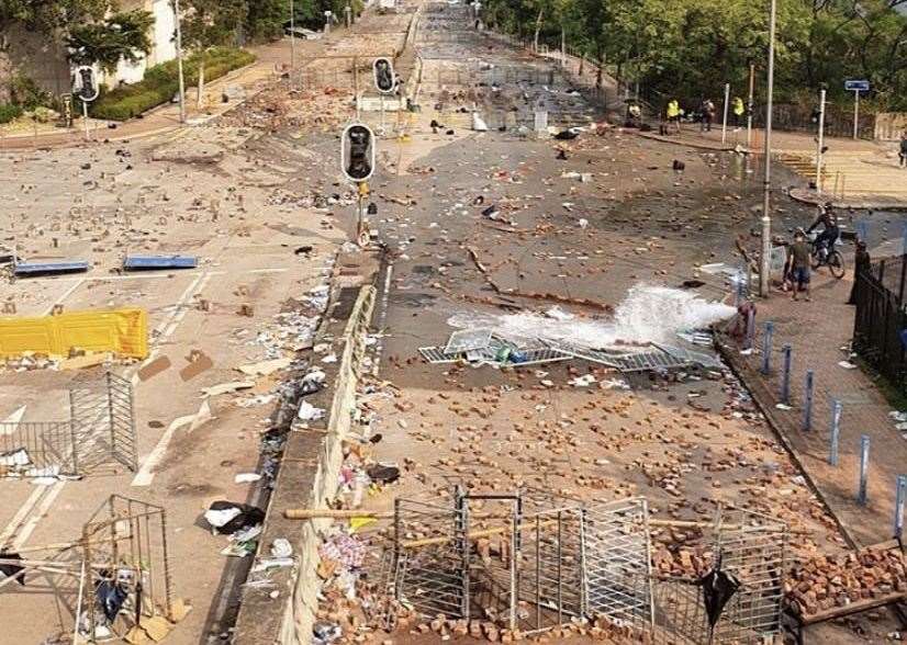 Bricks have been ripped up from pavements during protests