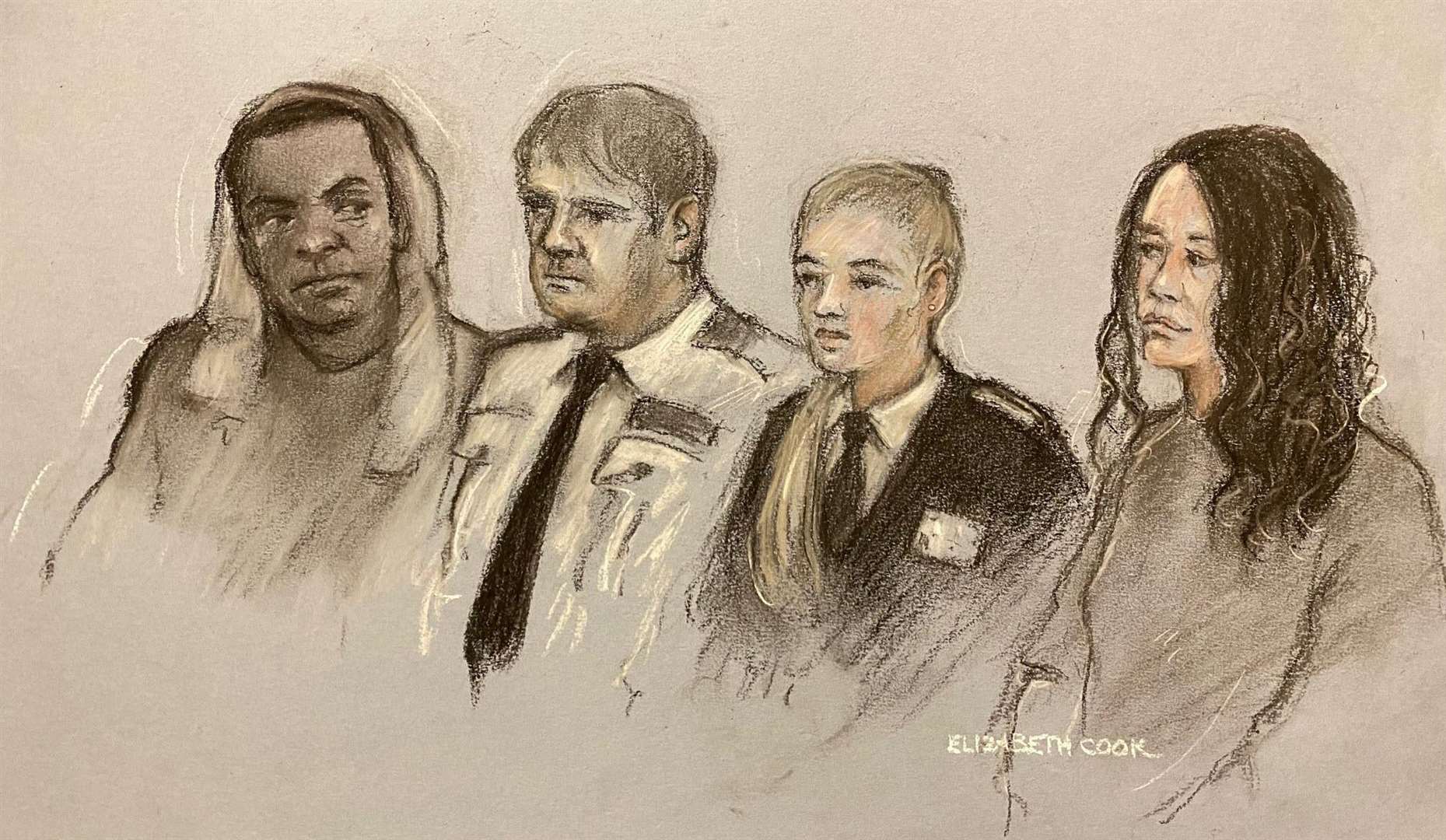 Court artist sketch of Mark Gordon, with a grey jumper over his head, and Constance Marten appearing at Crawley Magistrates Court (Elizabeth Cook/PA)