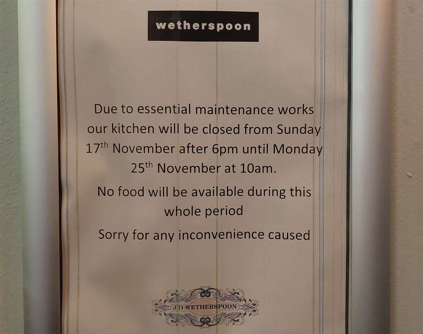 Wetherspoon in Ashford will be closing its kitchen from 6pm today for “essential works”