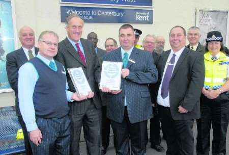 MPJulian Brazier, third left, presents the Canterbury West station award with, left, Brychan Davies, customer assistant at Canterbury West, and, right, Wayne Heath, customer assistant at Canterbury East and other staff