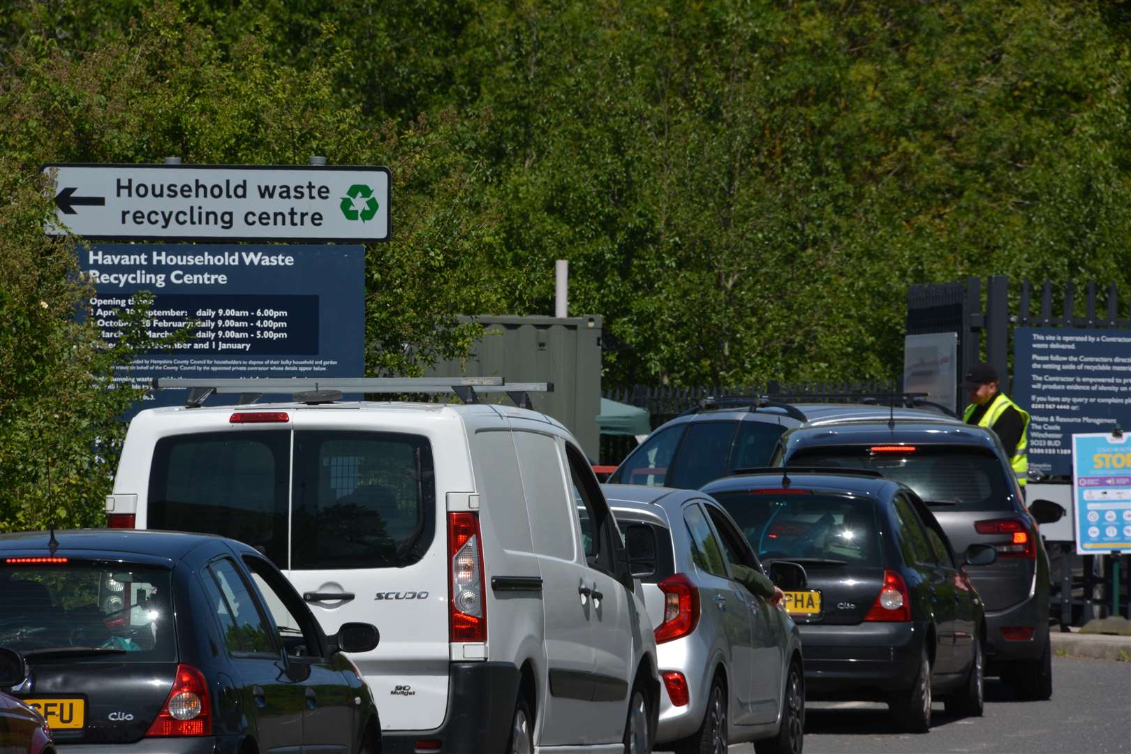 Cars queue to use the Havant household recycling centre in Hampshire after the announcement of plans to bring the country out of lockdown (Ben Mitchell/PA)