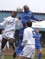 EQUALISER: Leroy Huggins heads Tonbridge's first goal on Saturday. Picture: MATT WALKER