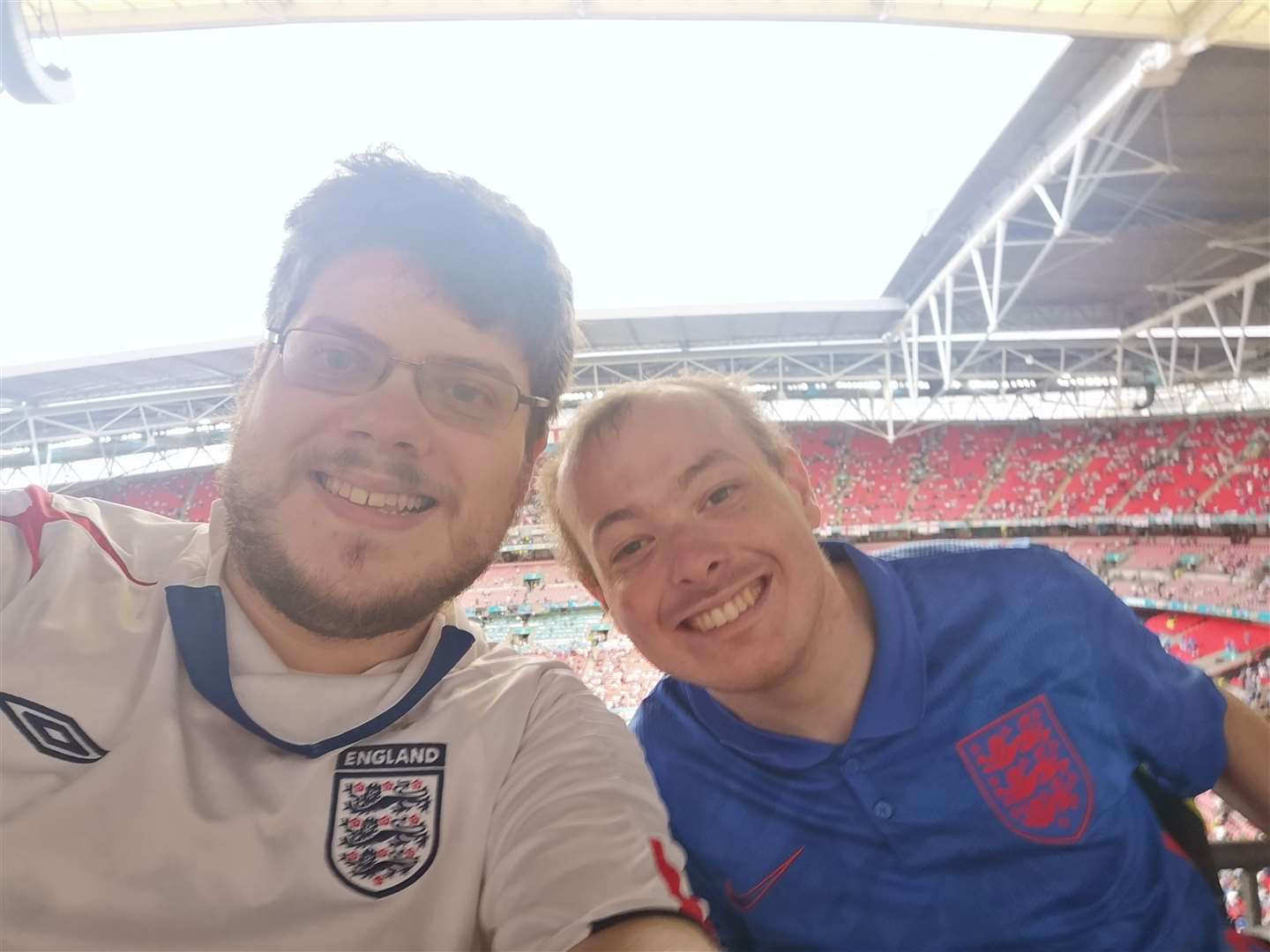 Tim Hiley, left, and Joe McIndoe, right, at the Euro 2020 final at Wembley (Tim Hiley/PA)