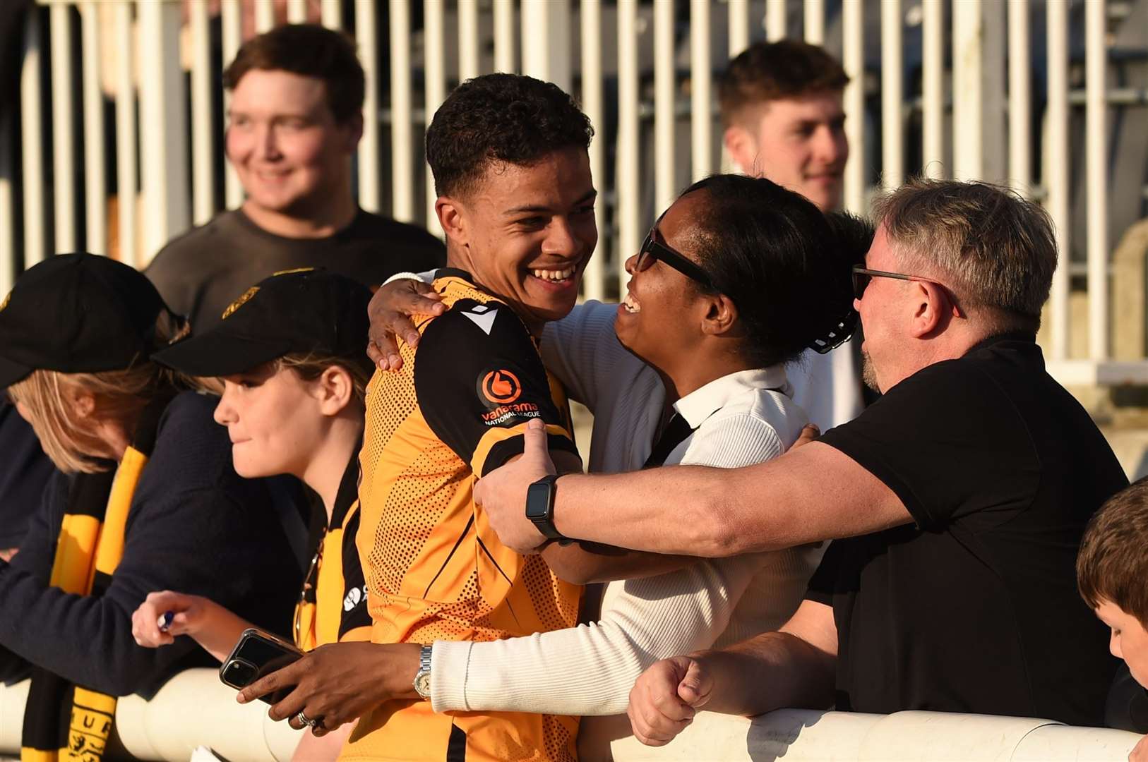 Johl Powell celebrates with his mum and dad at full-time after his late winner for Maidstone against St Albans Picture: Steve Terrell