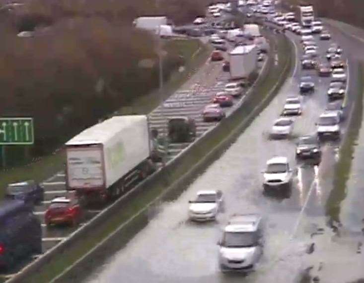 A burst water main has caused traffic problems on the A249. Photo: Kent Highways