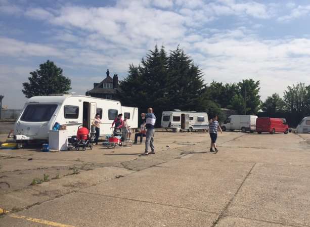 Police at the site of a travellers' camp in Rosherville Way, Northfleet