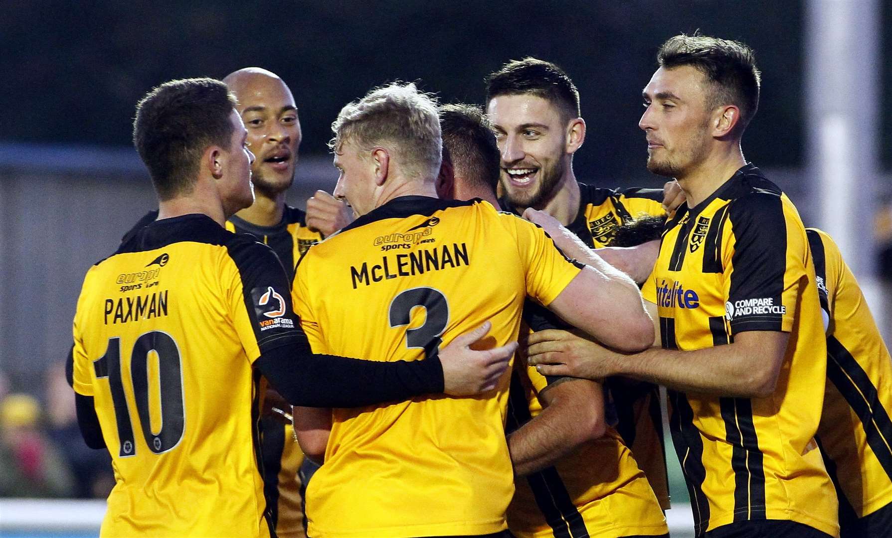 Simon Walton's in there somewhere as Maidstone celebrate his goal against Wrexham Picture: Sean Aidan