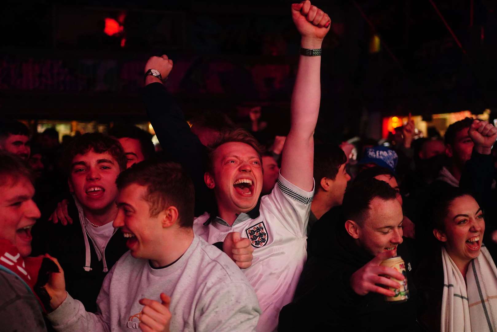 Fans at the 4TheFans Fan Park at LDN east, London, celebrated England’s goals (Victoria Jones/PA)