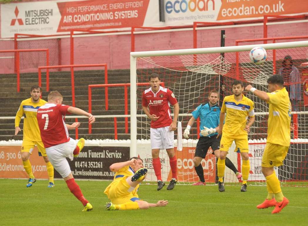 Alex Osborn has a shot blocked in Ebbsfleet's goalless draw with Wealdstone Picture: Steve Crispe