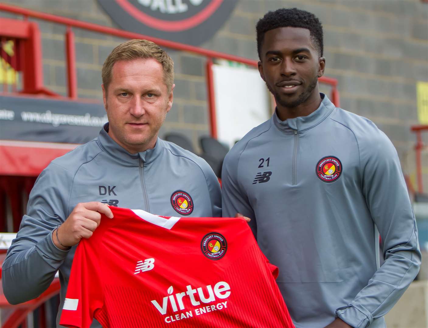 New Ebbsfleet striker Nathan Odokonyero with manager Dennis Kutrieb. Picture: Ed Miller/EUFC