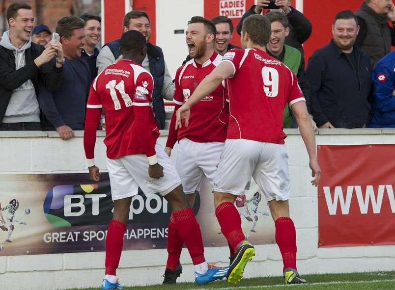 Billy Bricknell leads the Ebbsfleet celebrations Picture: Andy Payton