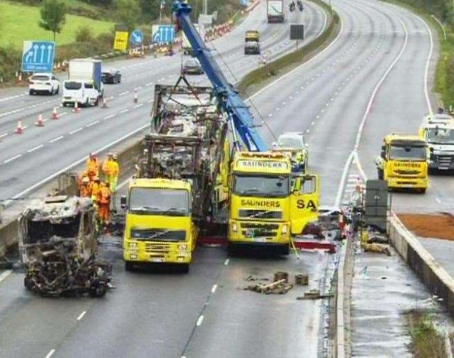 A Tesco HGV caught on fire on the M25 near Sevenoaks. Picture: National Highways