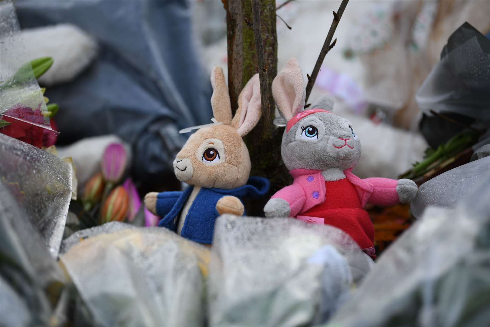 Soft toy tributes left at the scene of a house fire on Buttercup Avenue, Eynesbury (Joe Giddens/PA)