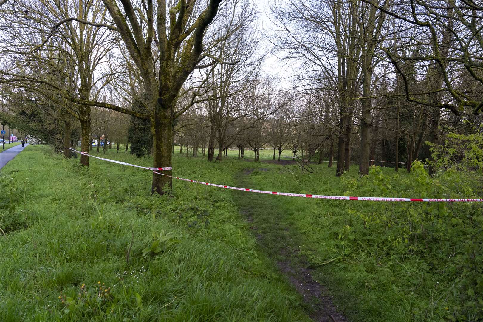 Police cordon in Rowdown Fields, a park in Croydon, south London, where human remains were found (Jordan Pettitt/PA)