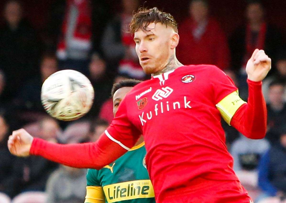 Ebbsfleet captain Jack King gets to the ball first against Notts County. Picture: Matthew Walker FM21250400