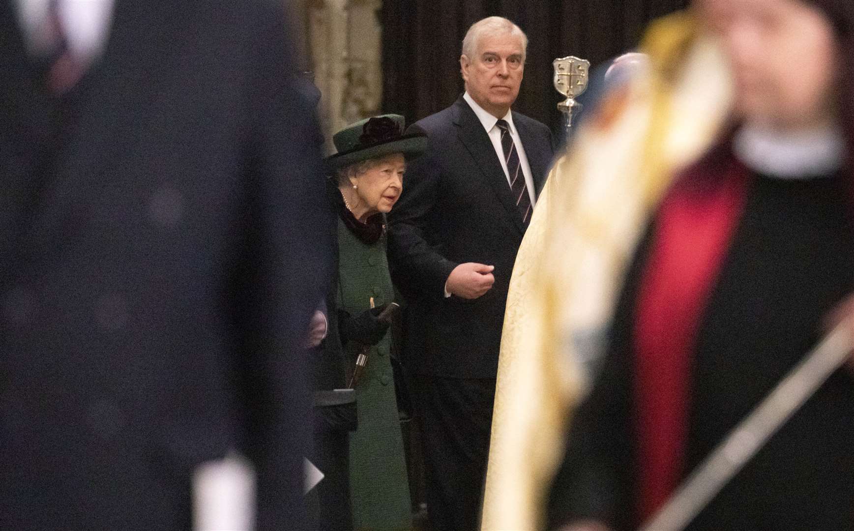 The Queen holds Andrew’s arm as she arrives at the service (Richard Pohle/The Times/PA)