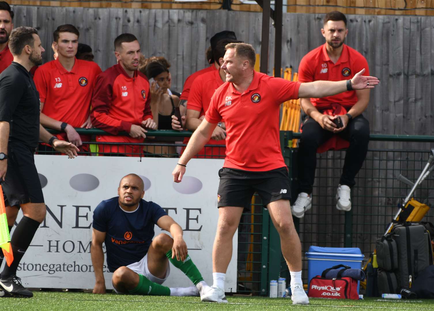 Fleet boss Dennis Kutrieb makes his point to the assistant referee. Picture: Barry Goodwin