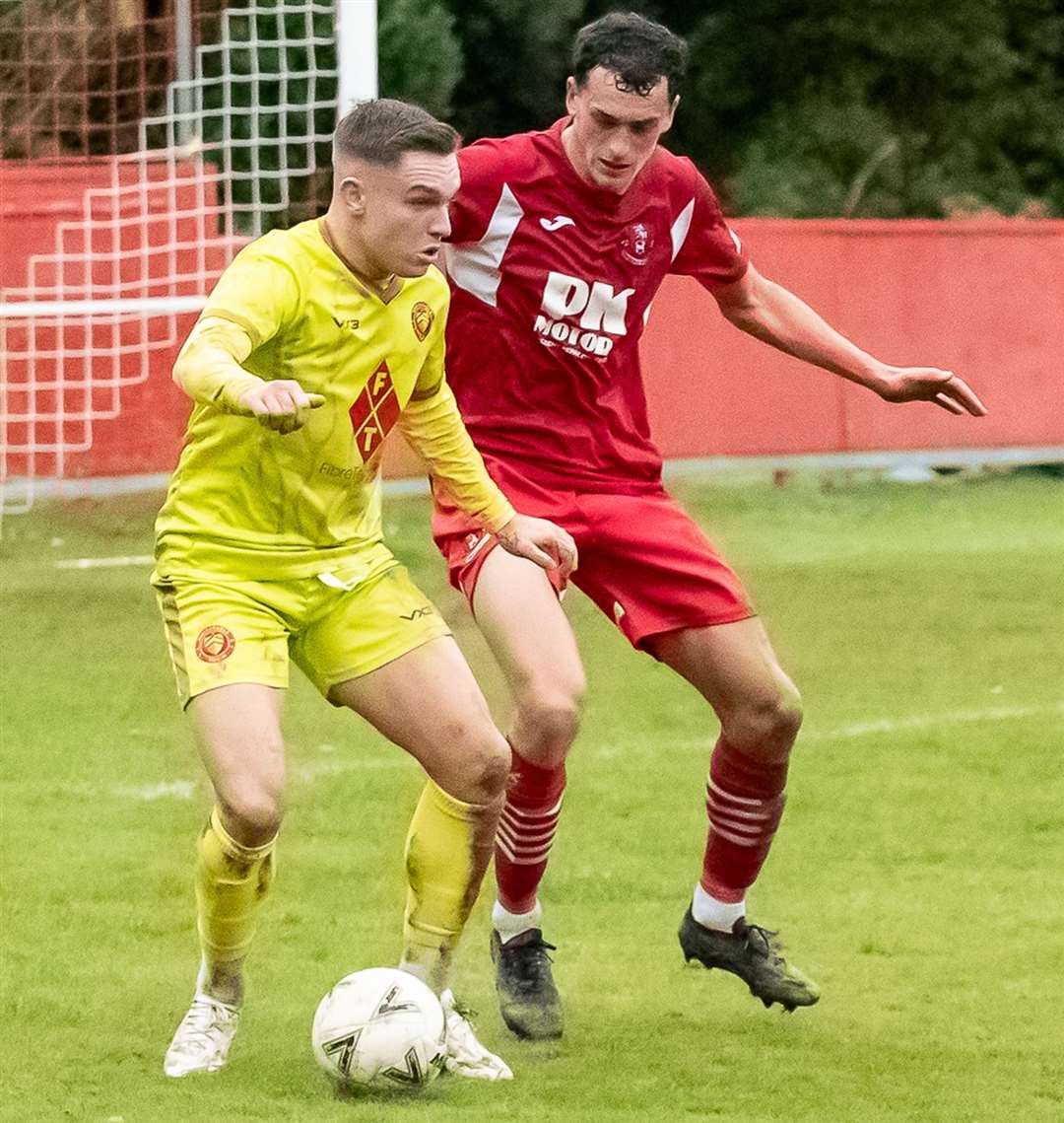 Whitstable’s Josh Oliver holds the ball up in their 2-0 win against Tunbridge Wells last weekend. Picture: Les Biggs