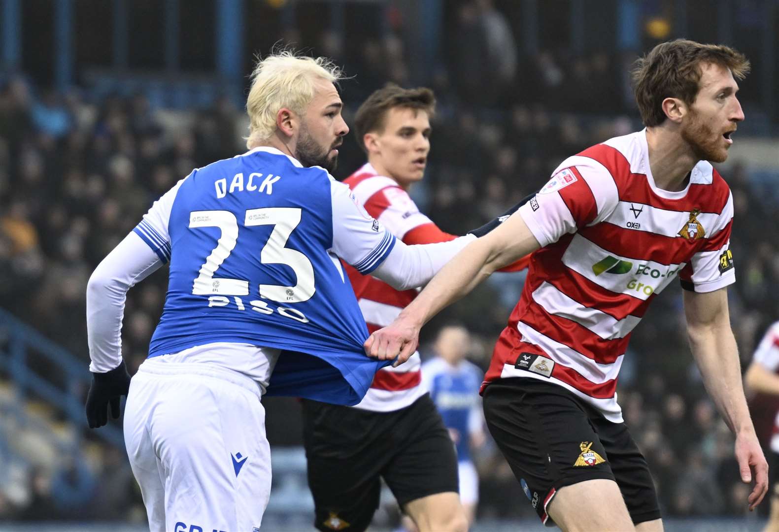 Bradley Dack has his shirt pulled after coming on for the last 15 minutes Picture: Barry Goodwin