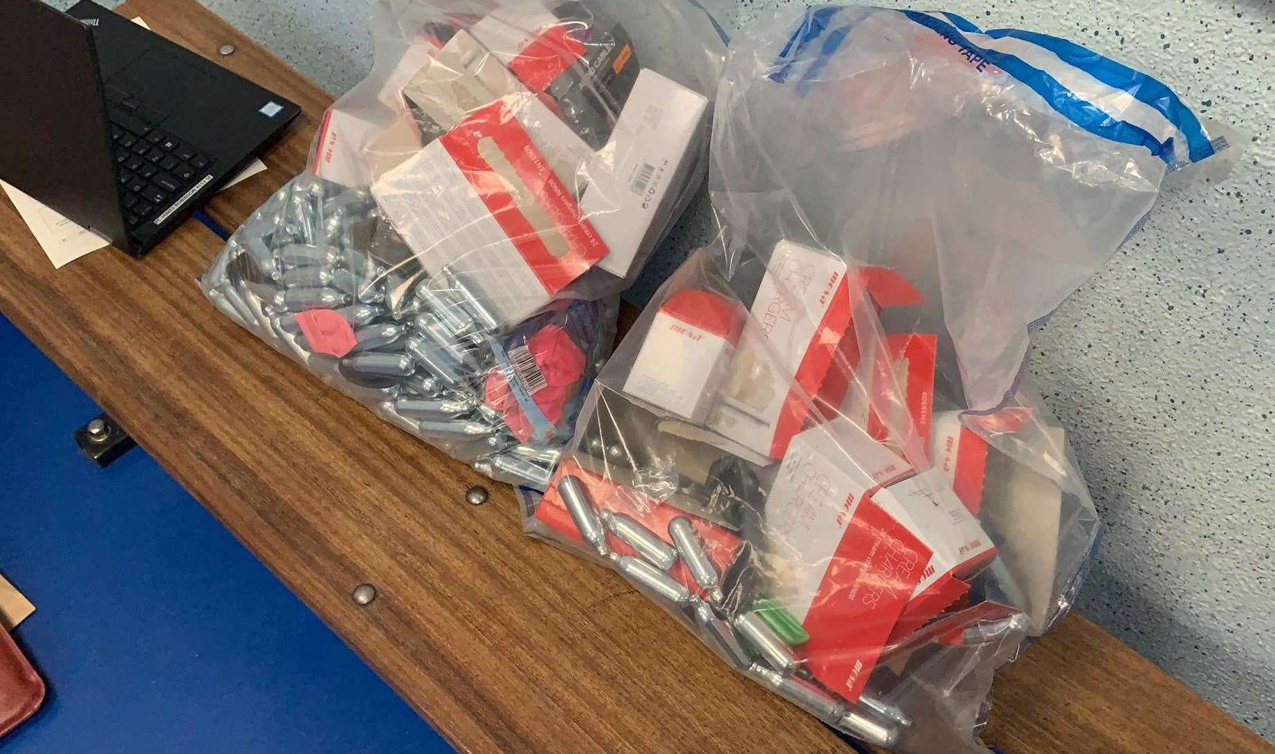 Police seized more than 1000 nitrous oxide cannisters from a vehicle Photo: Welling Police