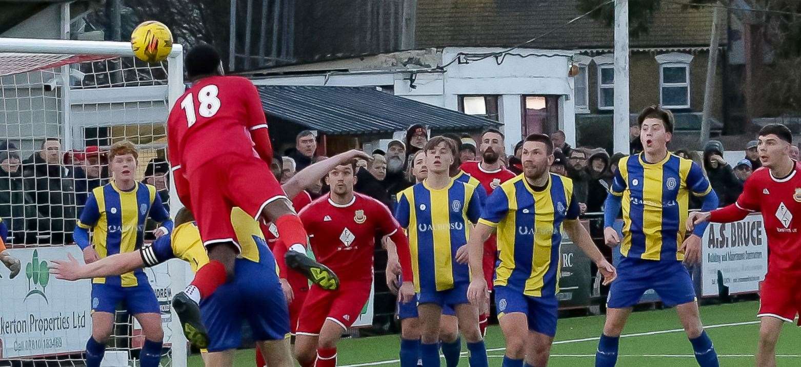 Scorer Emmanuel Oloyede heads for goal in their weekend 3-1 home loss to Stansfeld. Picture: Les Biggs