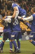 LATE SHOW: Gillingham players celebrate Mike Flynn's last minute goal, but Wolves had an equaliser up their sleeve. Picture: GRANT FALVEY