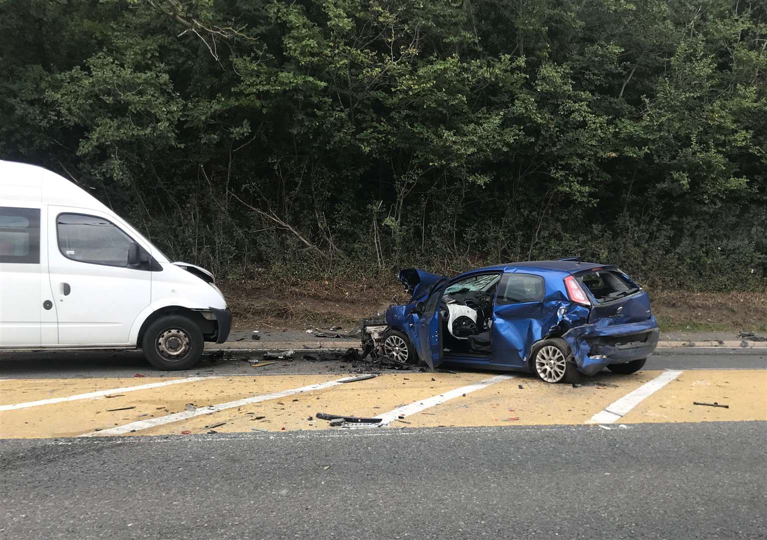 The trail of damage left after the cement mixer crashed into several parked cars in Cuxton