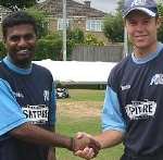 WELCOME ABOARD: Muttiah Muralitharan is greeted by Kent wicketkeeper Geraint Jones. Picture: GRAHAM JONES