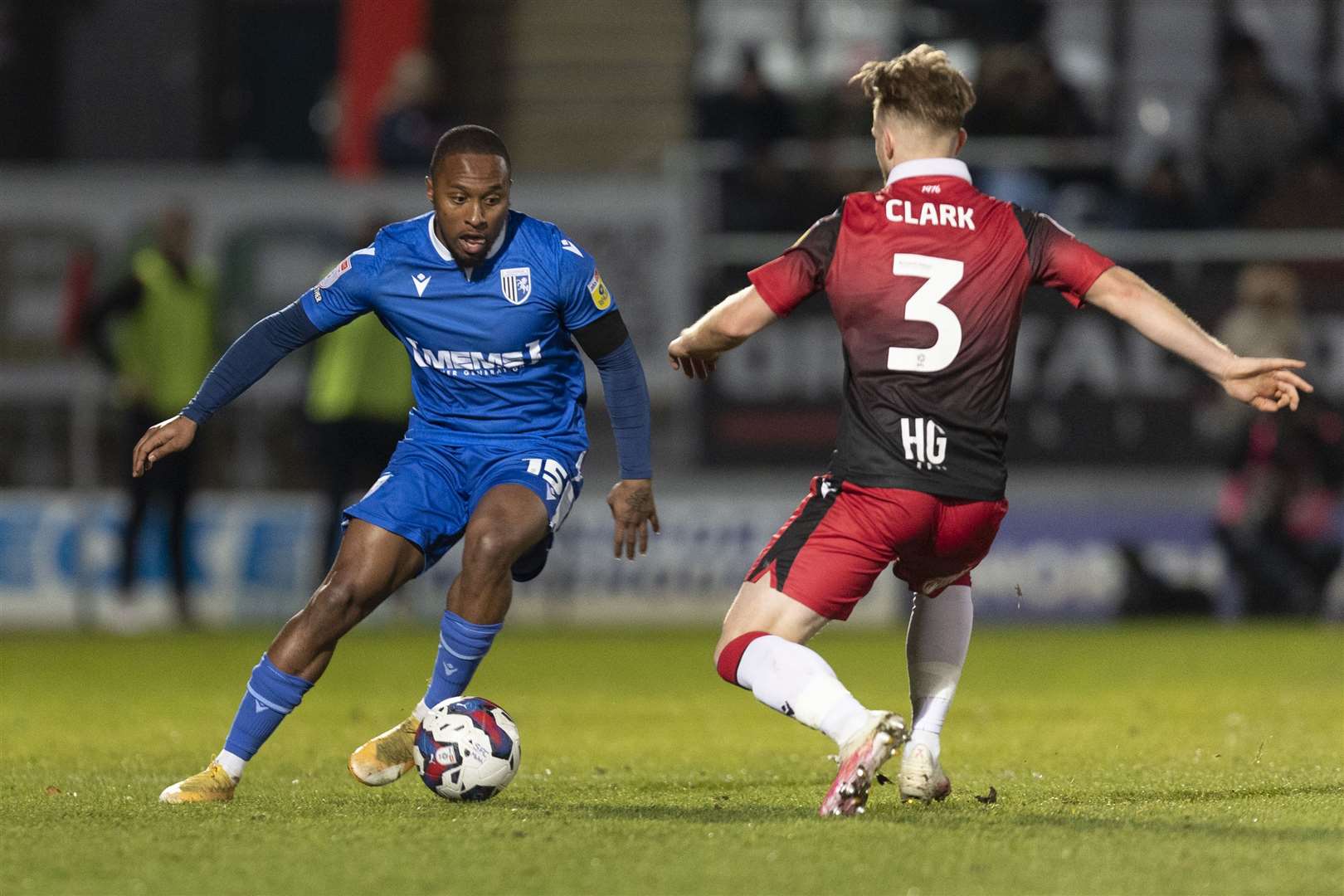 Callum Harriott takes on his man after coming off the bench for Gillingham against Stevenage