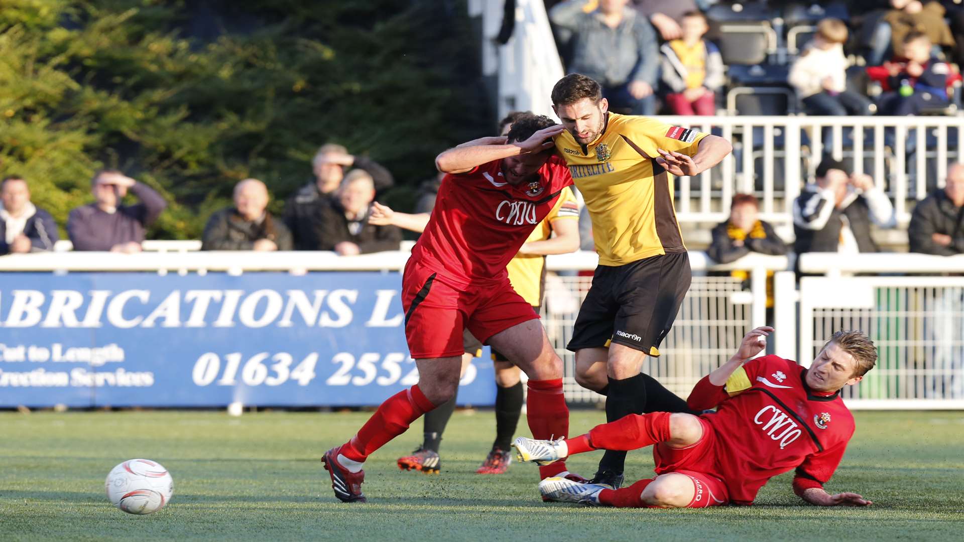 Jay May in action for Maidstone against AFC Sudbury. He was later sent off for an alleged elbow Picture: Matthew Walker