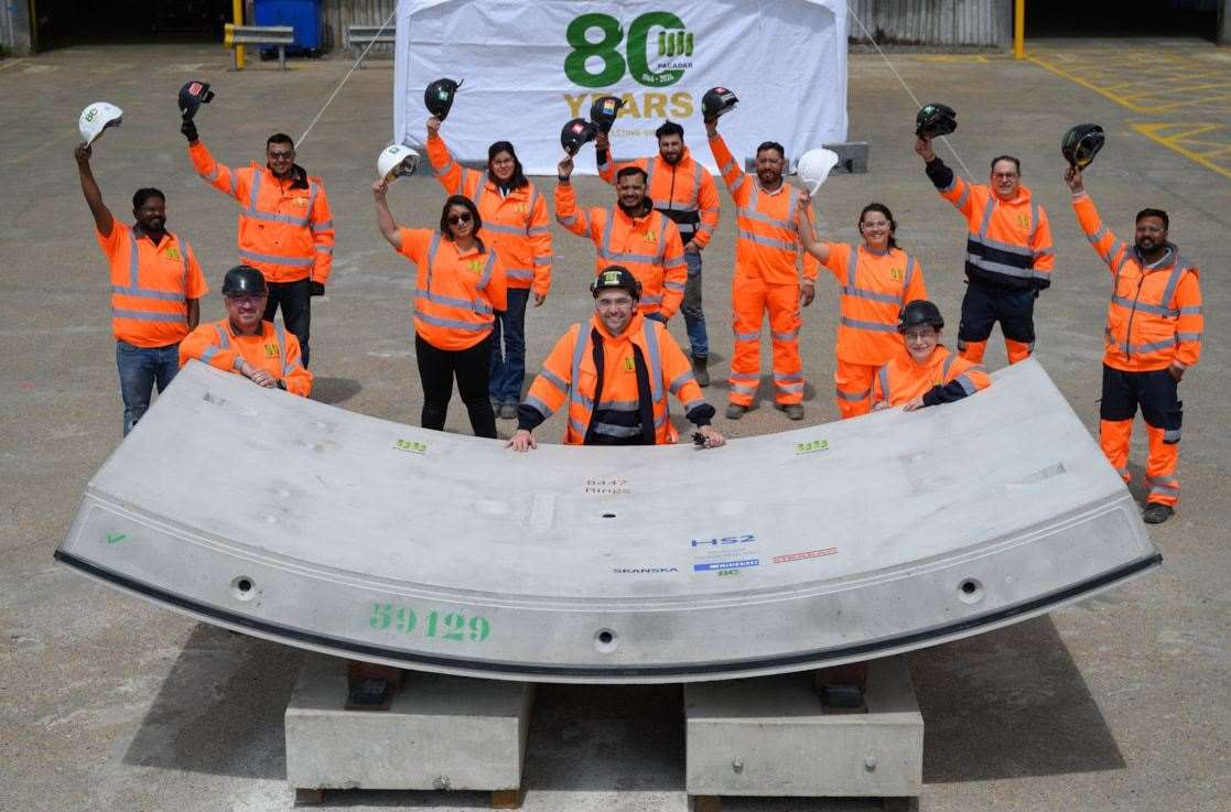 Staff at Pacadar UK celebrating the completion of tunnel segments casting for HS2 London Tunnels at the Pacadar factory on the Isle of Grain