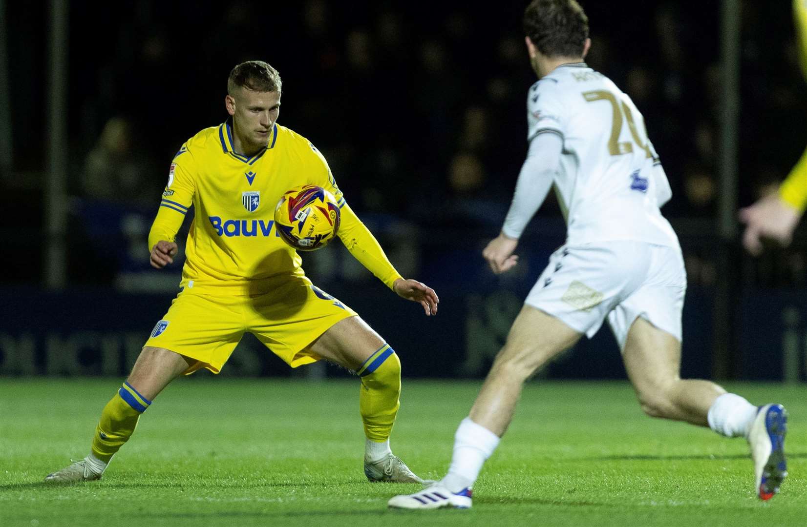 Ethan Coleman on the ball for Gillingham against Bromley when they met in early December Picture: @Julian_KPI