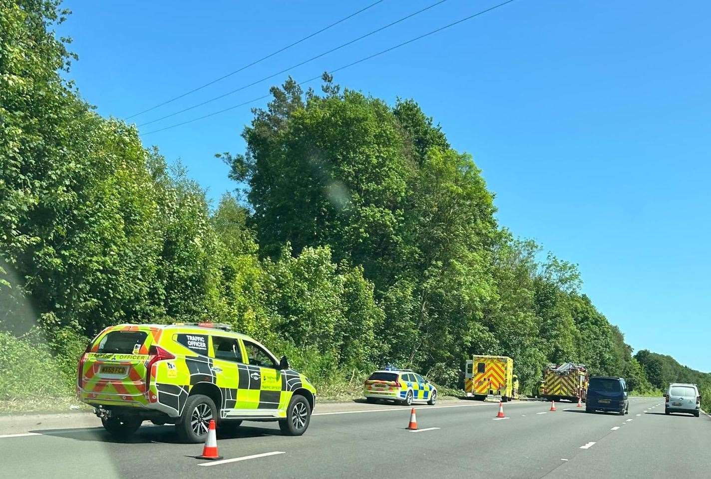 Emergency services have closed one lane on the M20 near Ashford due to a car leaving the carriageway