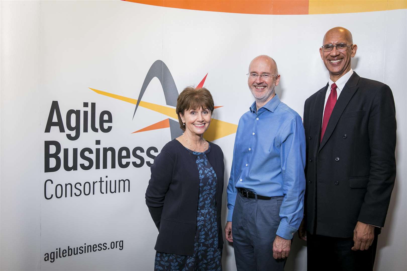 The Agile Business Consortium’s outgoing CEO, Mary Henson, with chairman Geof Ellingham and new chief executive John Williams
