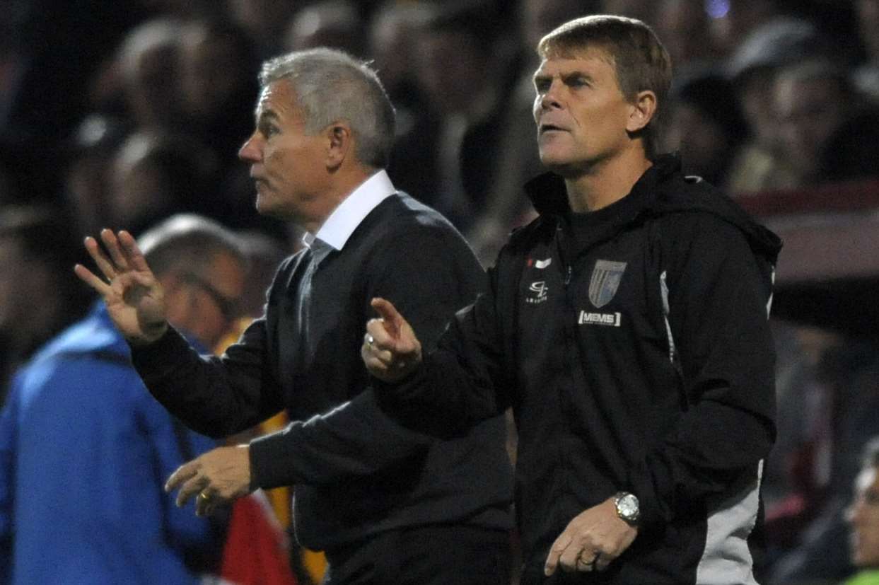 Gills boss Peter Taylor and assistant manager Andy Hessenthaler watch on at Valley Parade Picture: Barry Goodwin