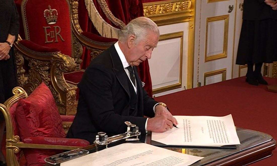 The King signed the oath he declared in front of the Privy Council yesterday. Picture: BBC